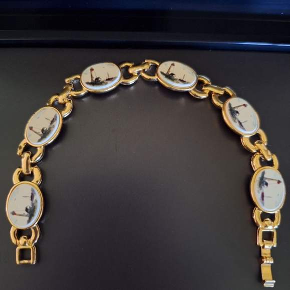 Barlow Jewelry - Vintage BARLOW Bracelet Handpainted Seascape Lighthouse Ship Theme on Cabochon.